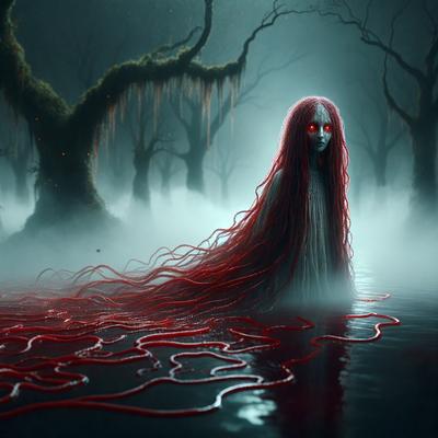 The primary subject of the image is a woman with red hair, who appears to be a ghost or a demon. She is standing in a forest, surrounded by trees and fog. The setting is a dark and eerie environment, with the woman's red hair and ghostly appearance creating a sense of mystery and danger. The visual style of the image is a digital art or illustration, with the woman's red hair and the forest's foggy atmosphere being the main focus. The colors and mood of the image are